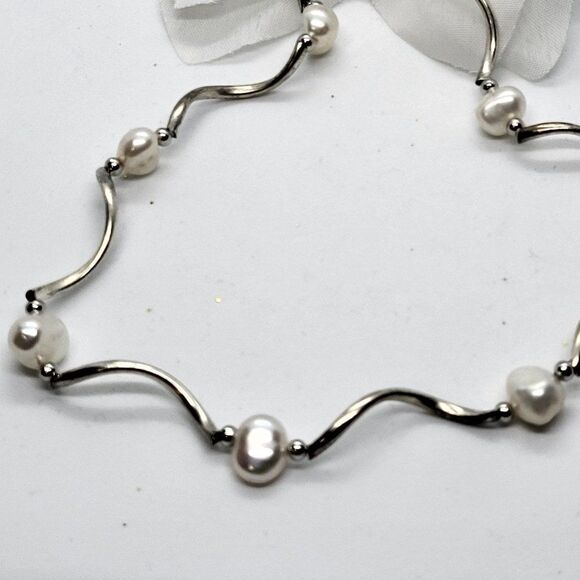 NEW, BEST SILVER, 14K WHITE GOLD PTD TWISTED BAR & WHITE FW PEARL NECKLACE - Picture 4 of 4